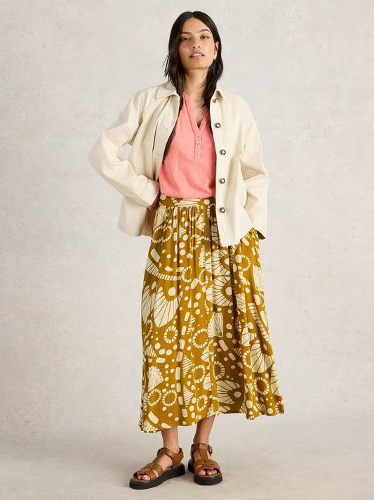 Abigail Midi Printed Skirt in Yellow by White Stuff