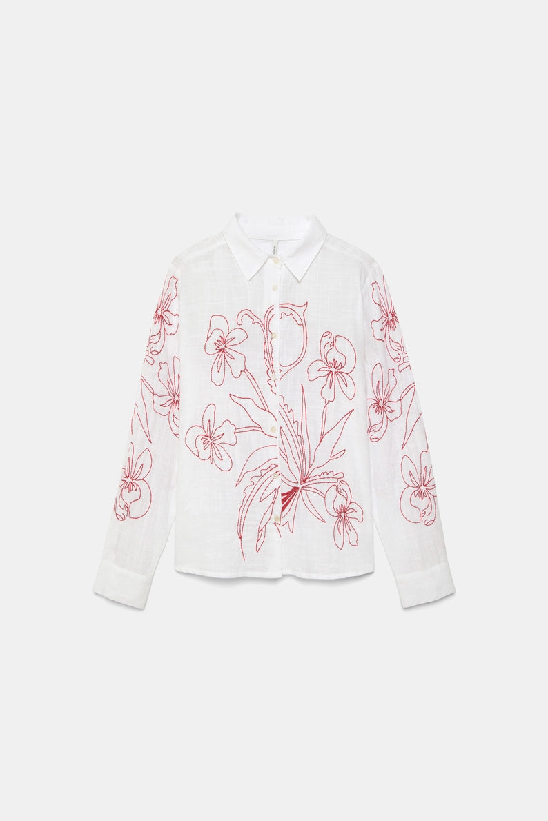 Embroidered Floral Cotton White Shirt by LANIDOR