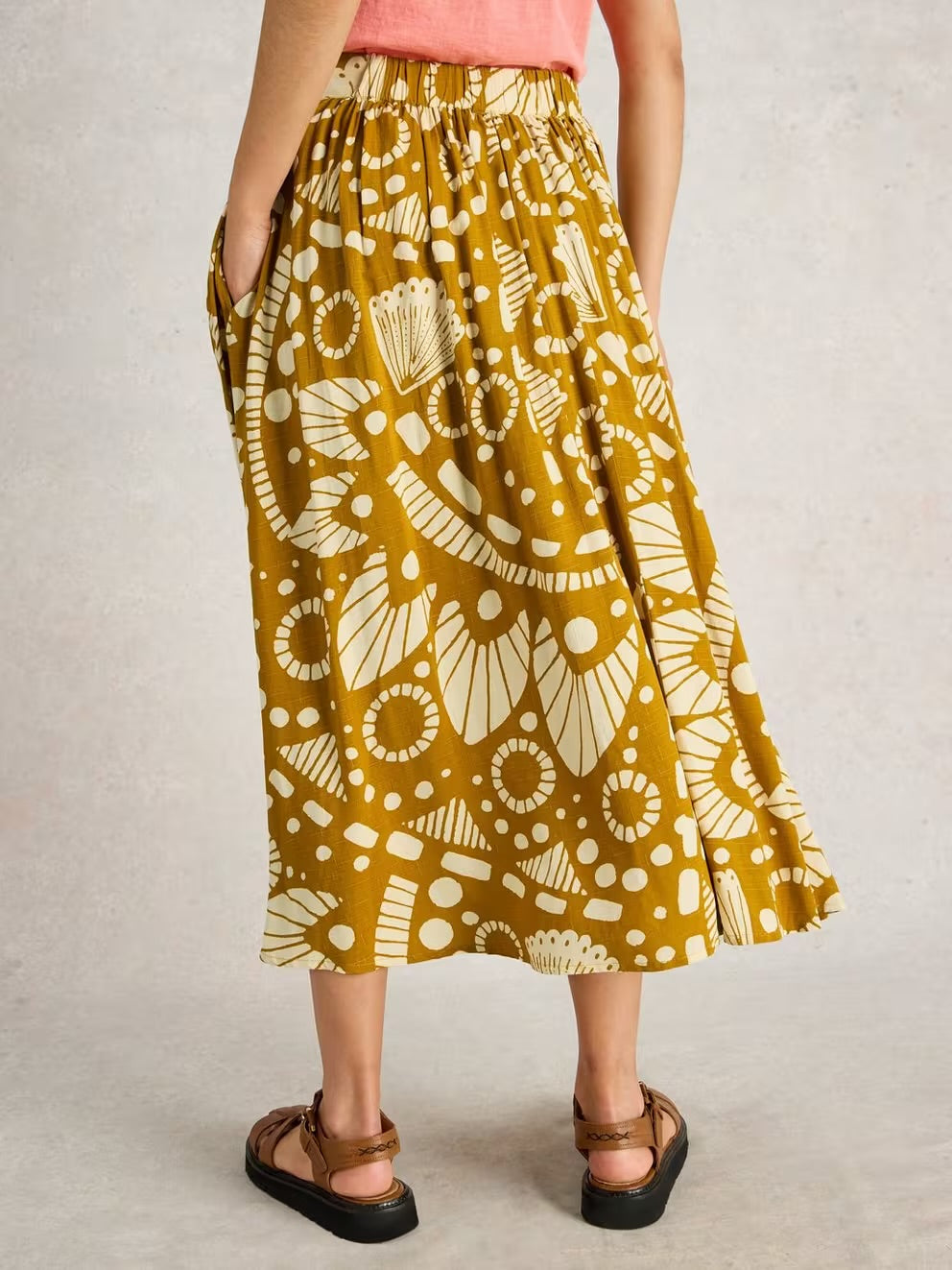 Abigail Midi Printed Skirt in Yellow by White Stuff