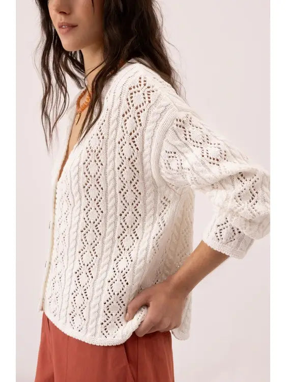 Knit Cotton V-neck Cardigan in White by LANIDOR