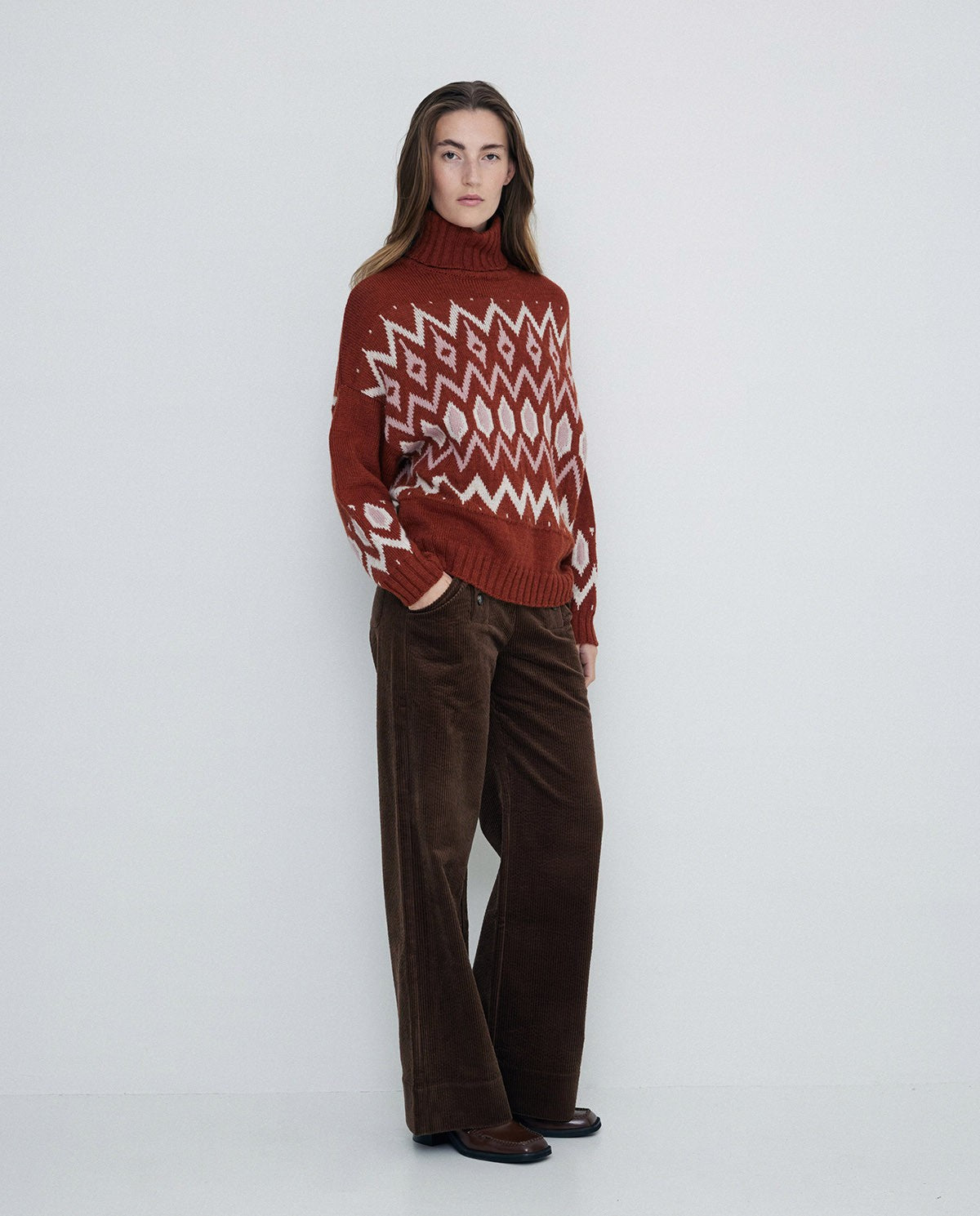 Halterneck jacquard sweater in terracota by YERSE