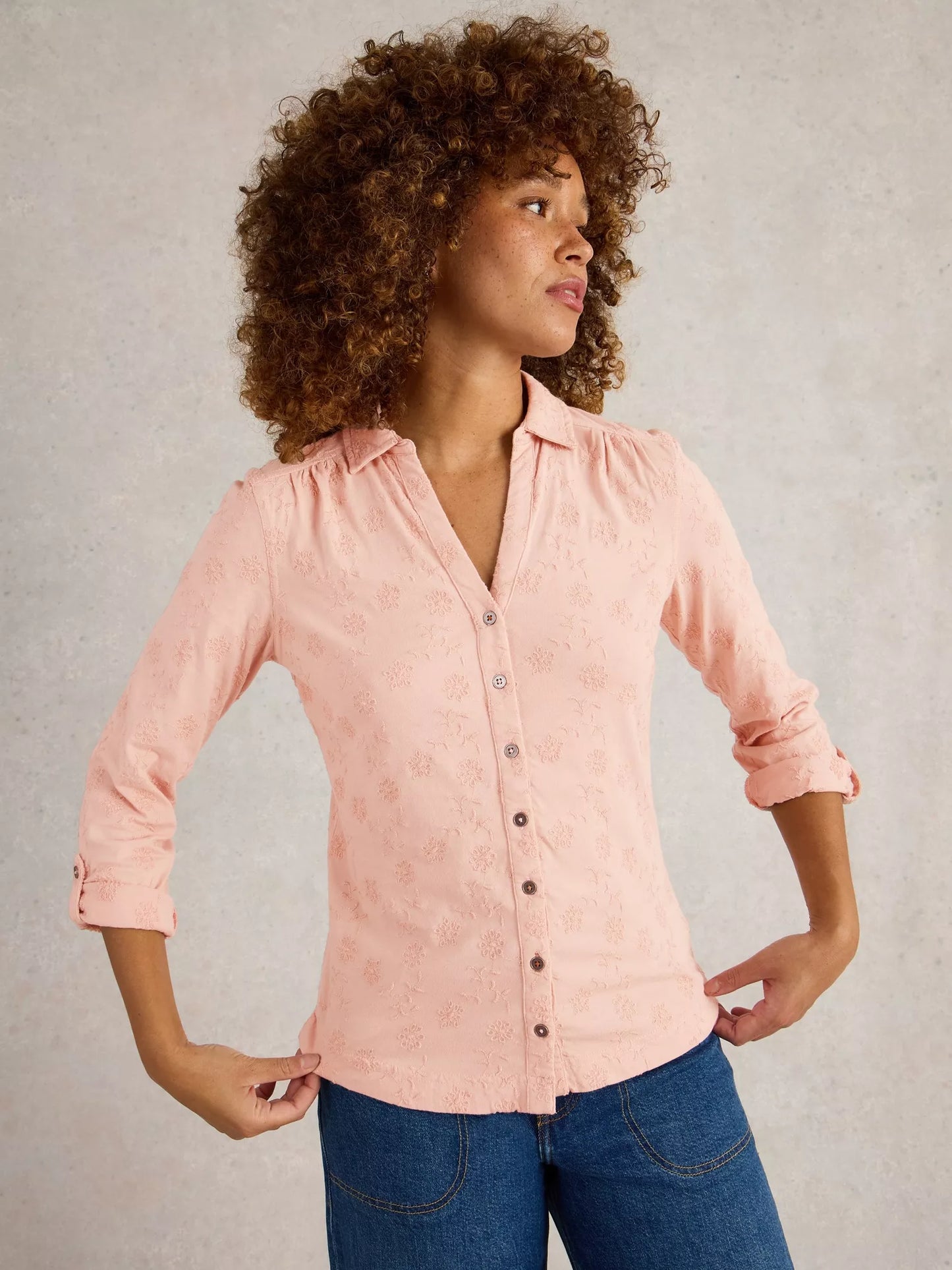 Annie Broderie Jersey Shirt in Dusty Pink by White Stuff