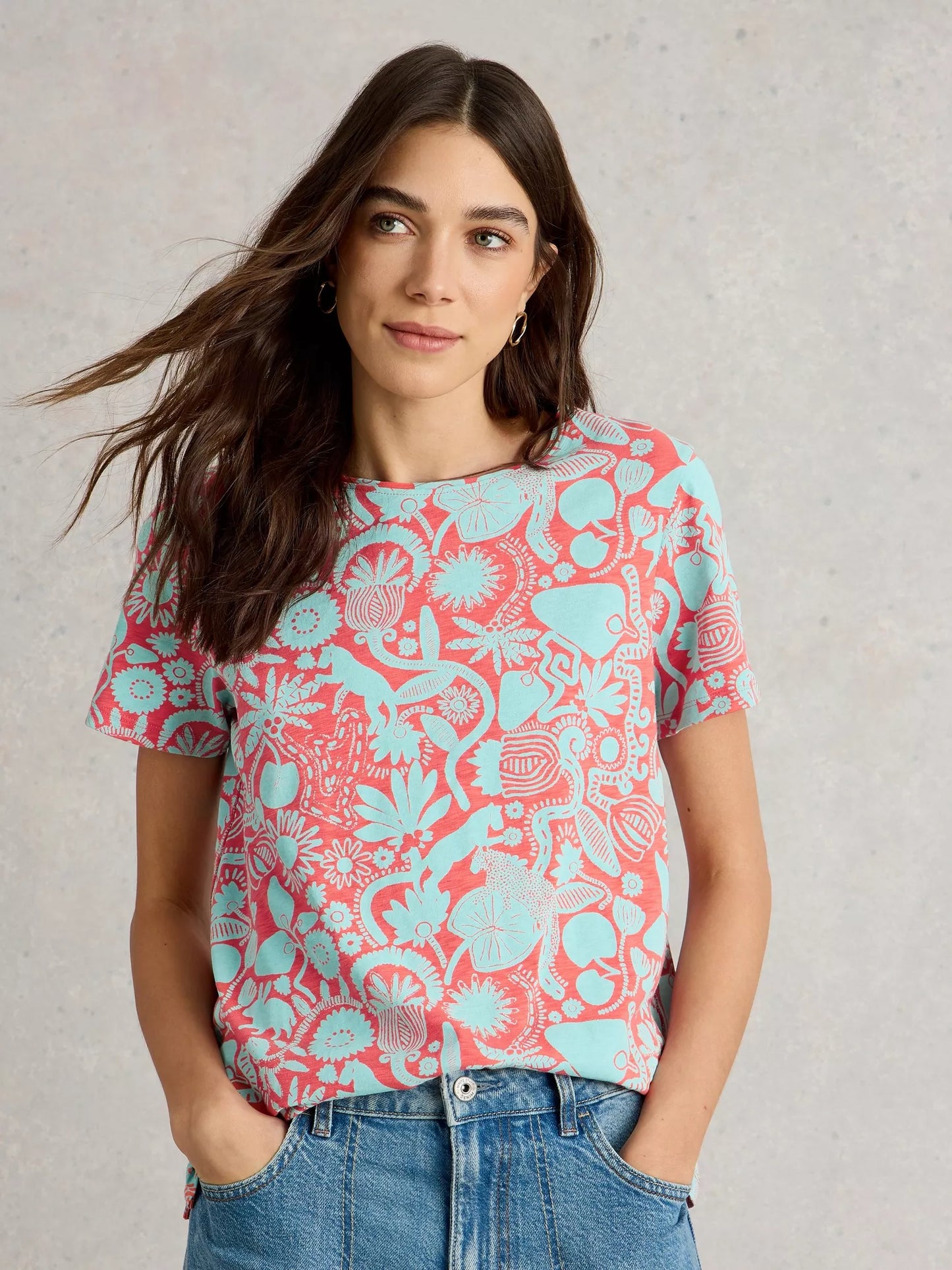 Abbie Short Sleeve Tee in Coral Print by White Stuff