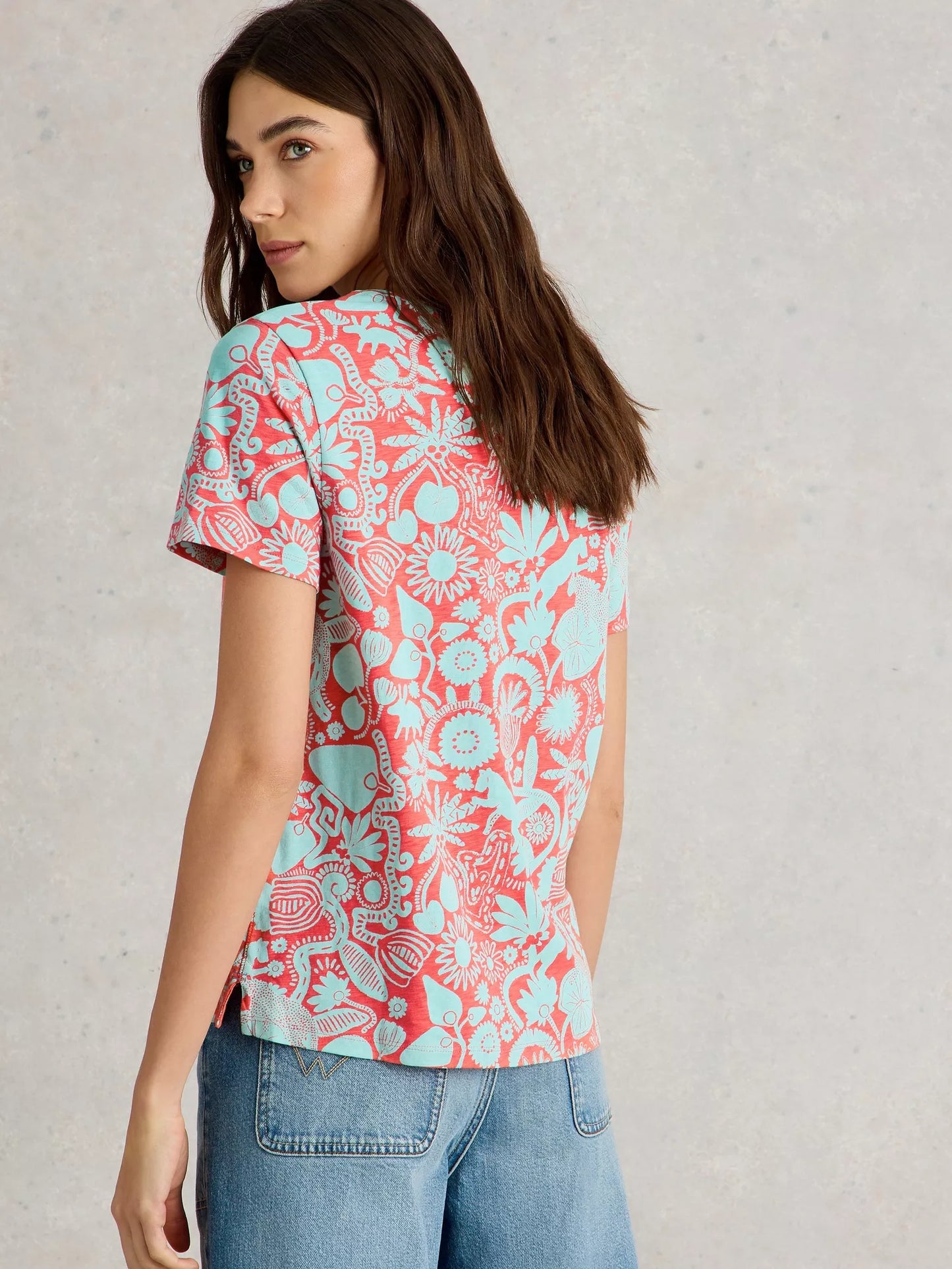 Abbie Short Sleeve Tee in Coral Print by White Stuff