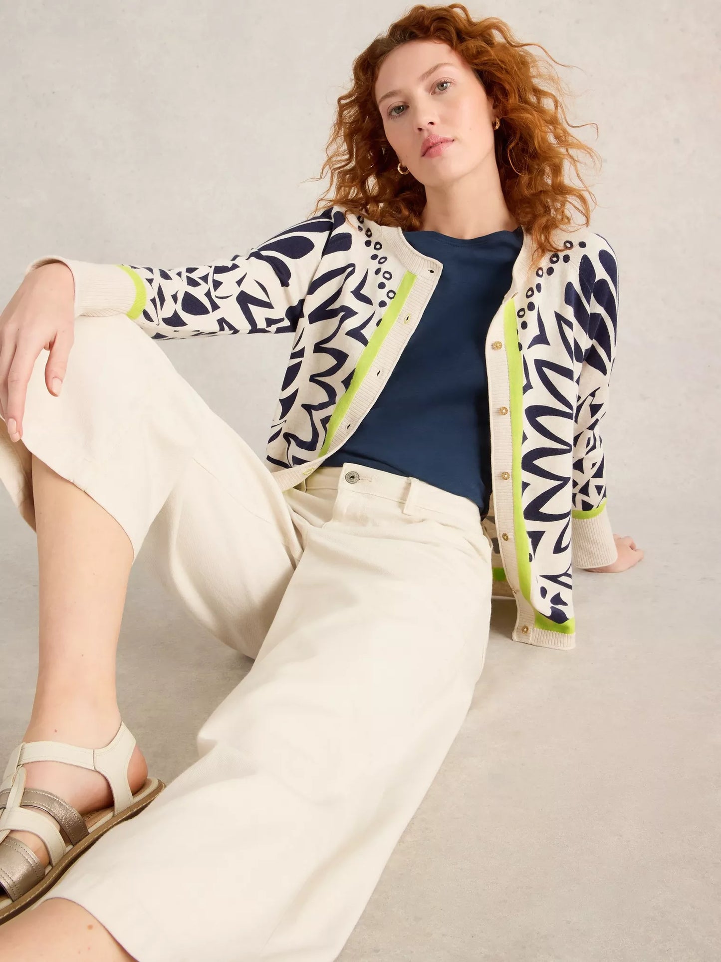 Lulu Printed Cardigan Ivory in Navy Print by White Stuff