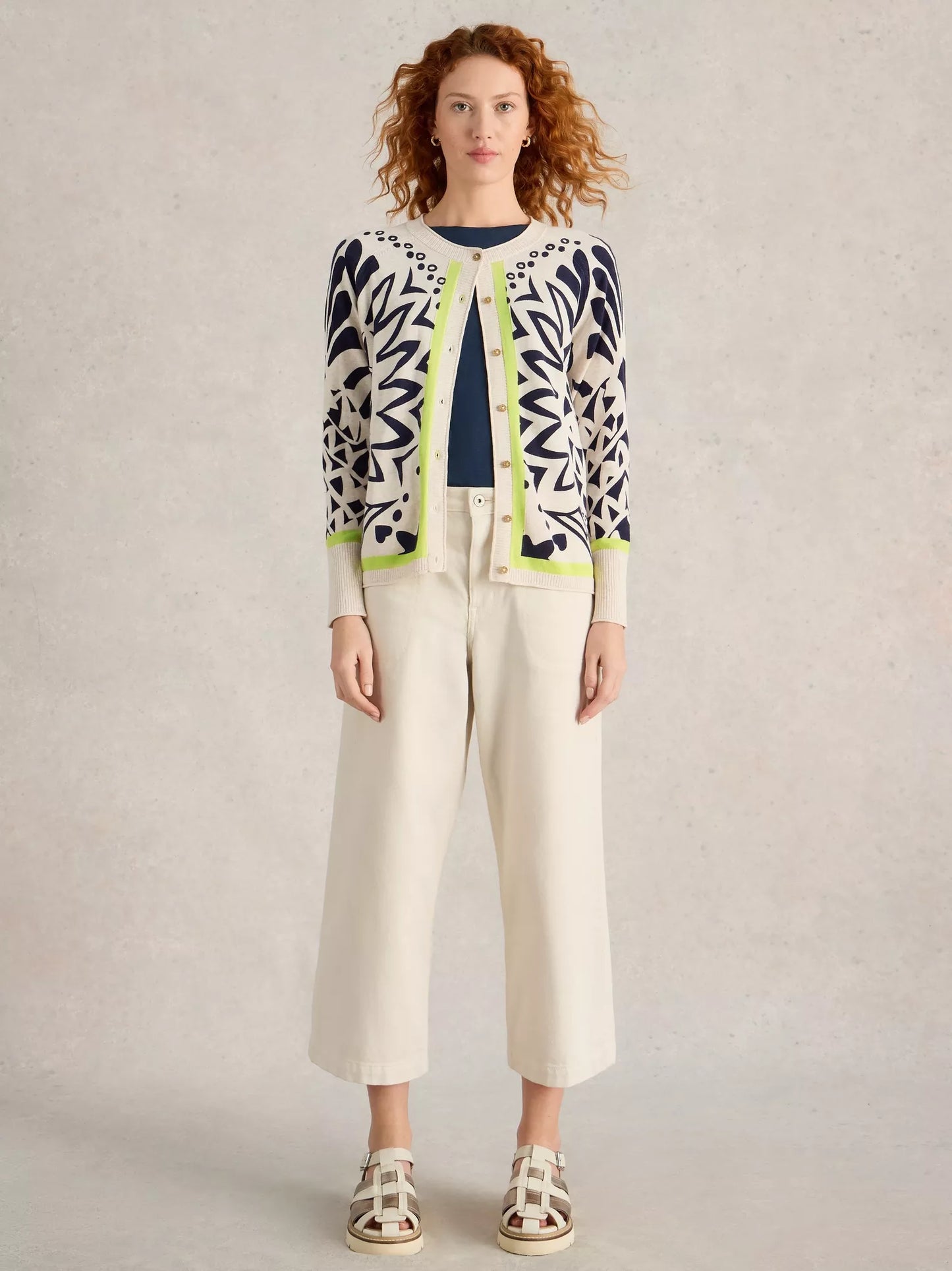 Lulu Printed Cardigan Ivory in Navy Print by White Stuff