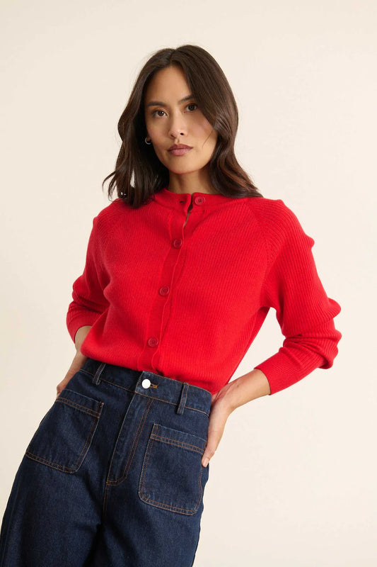 Woolen Rib-Knit Cardigan in Red by GARANCE PARIS
