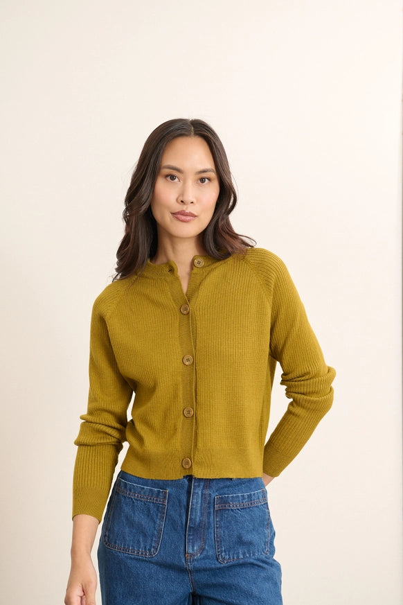 Woolen Rib-Knit Cardigan in Olive by GARANCE PARIS