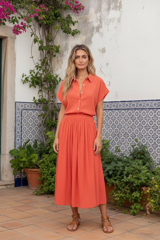 Koge Cotton Blouse in Coral Orange