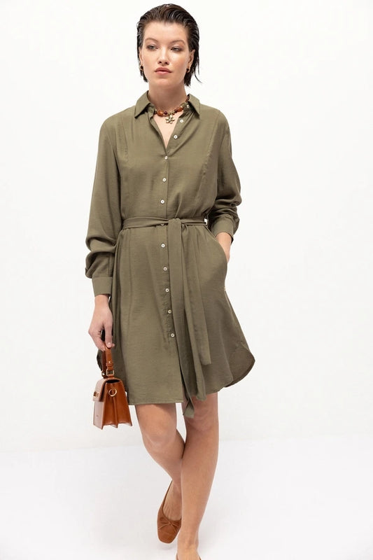 Plain Shirt-Style Midi Dress in Green by LANIDOR