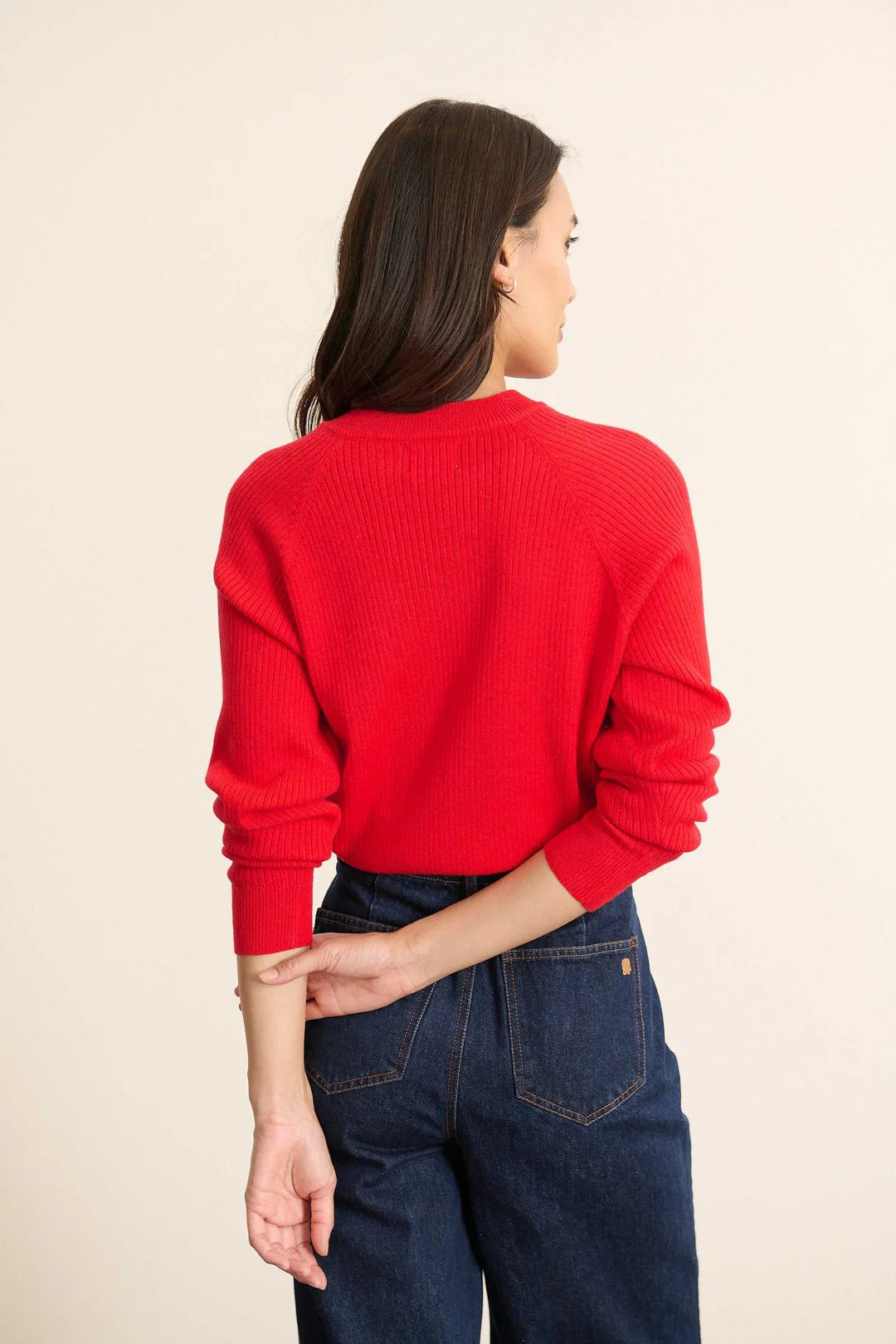 Woolen Rib-Knit Cardigan in Red by GARANCE PARIS