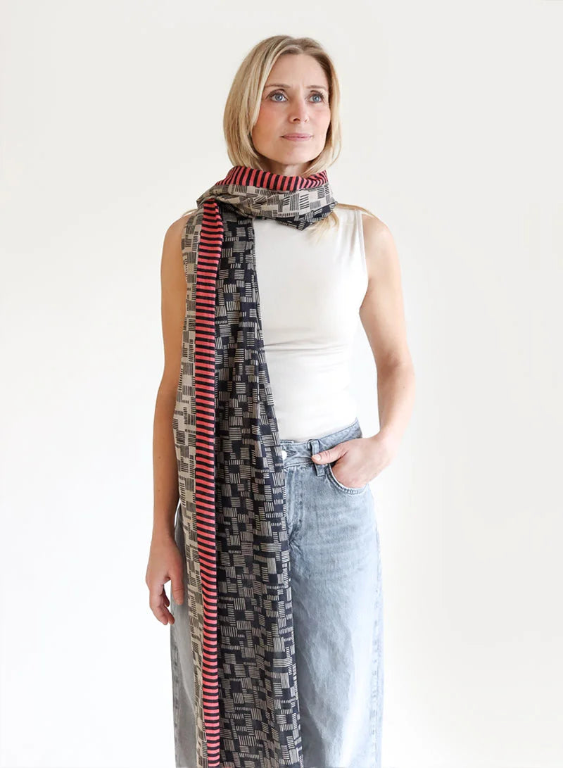 Graphic Pattern in Black & Beige 100% Organic Cotton Scarf by DJIAN