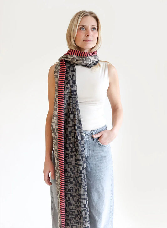 Graphic Pattern in Black & Beige 100% Organic Cotton Scarf by DJIAN