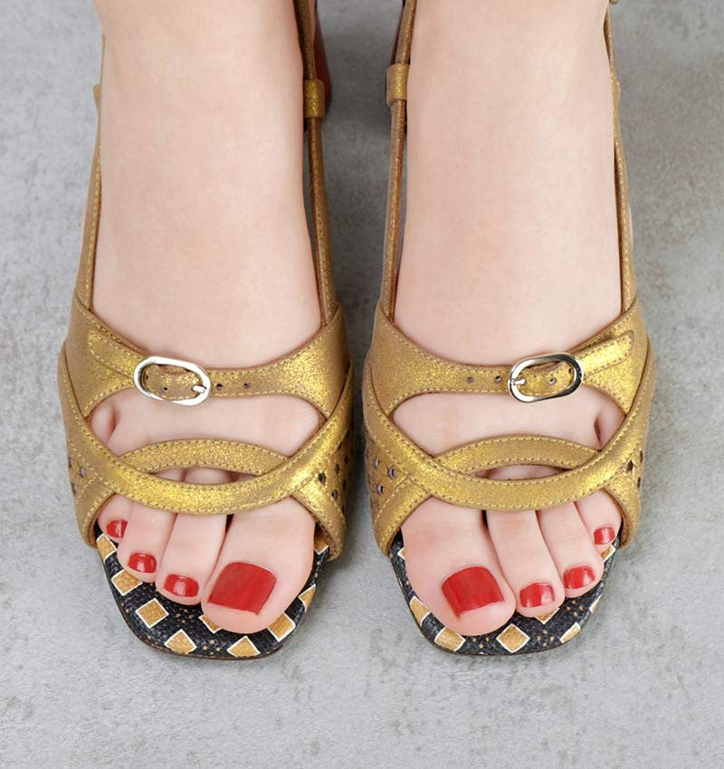 RUSA gold sandals by Chie Mihara