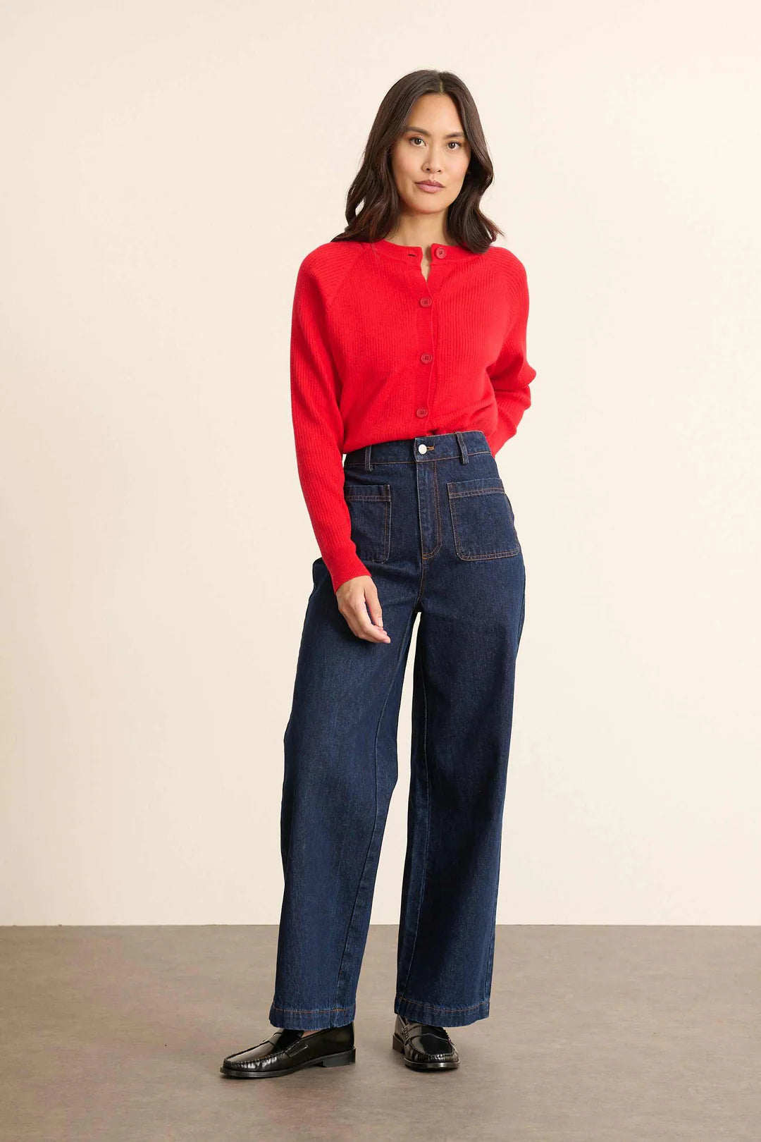 Woolen Rib-Knit Cardigan in Red by GARANCE PARIS