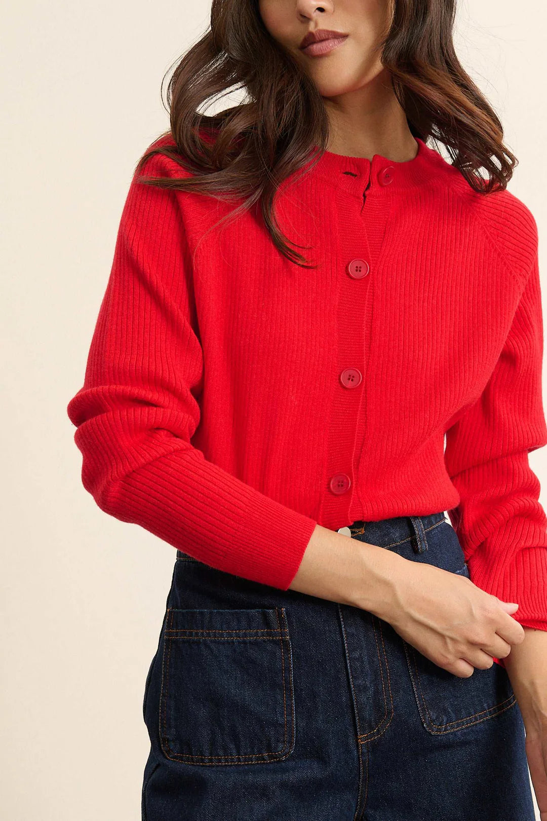 Woolen Rib-Knit Cardigan in Red by GARANCE PARIS