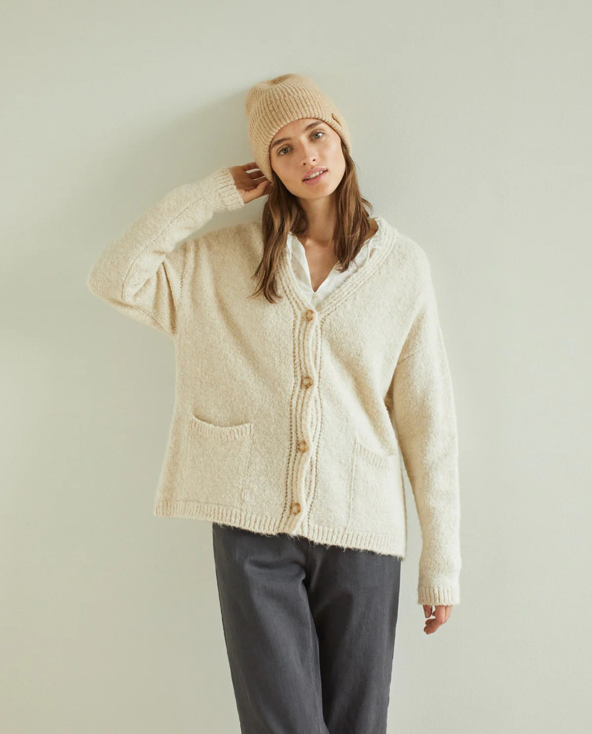 Cosy v-neck cardigan with buttons in Ecru by YERSE