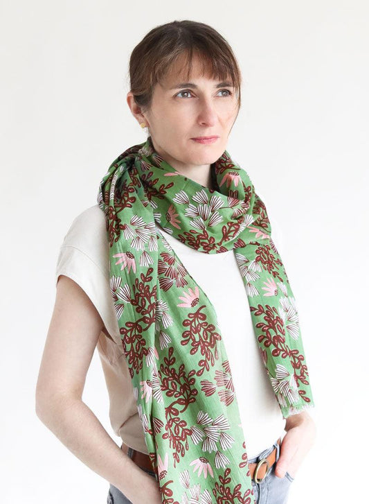 Fine Flowers in Green 100% Organic Cotton Scarf by DJIAN
