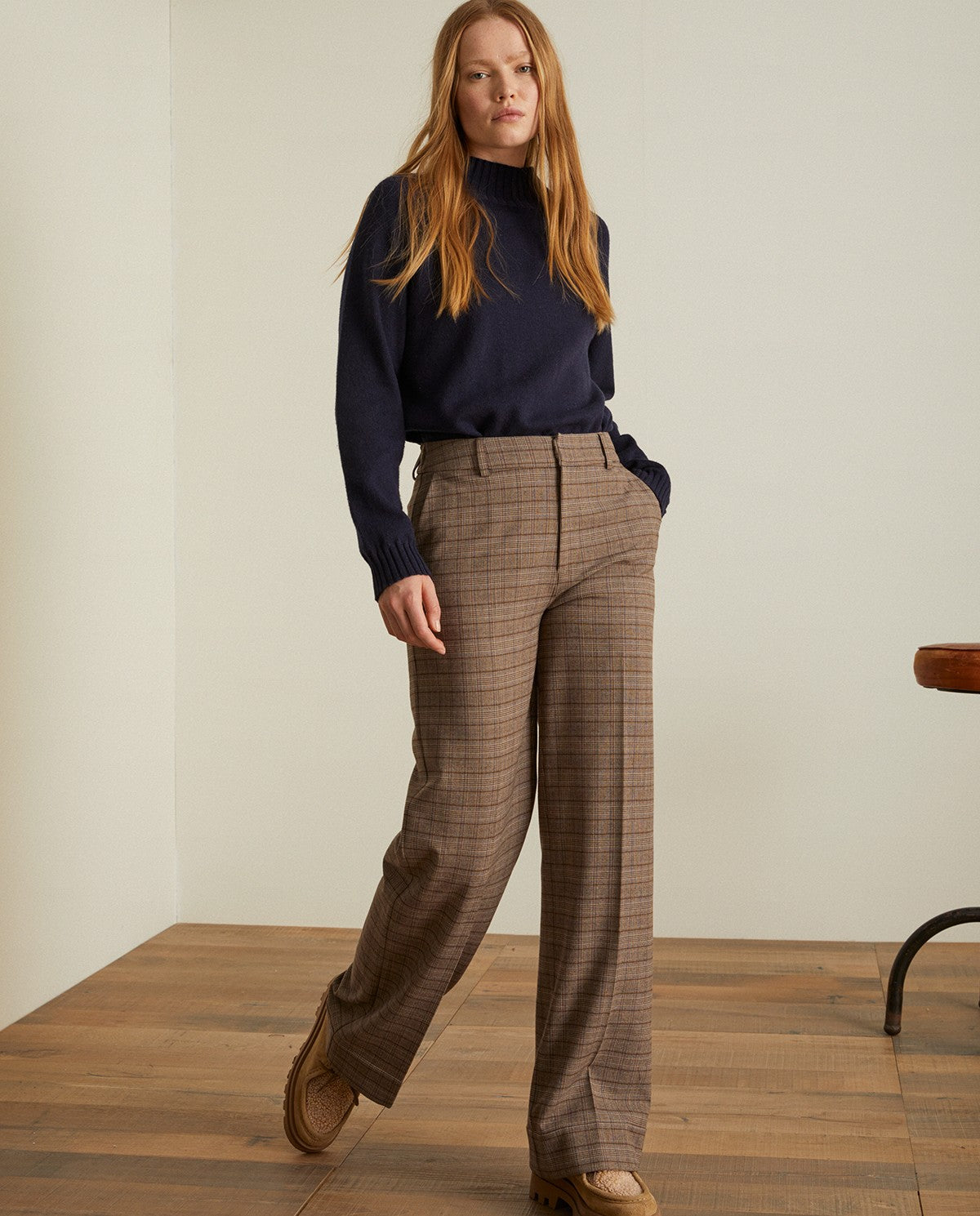 Flared wide ankle checkered trousers in chocolate by YERSE