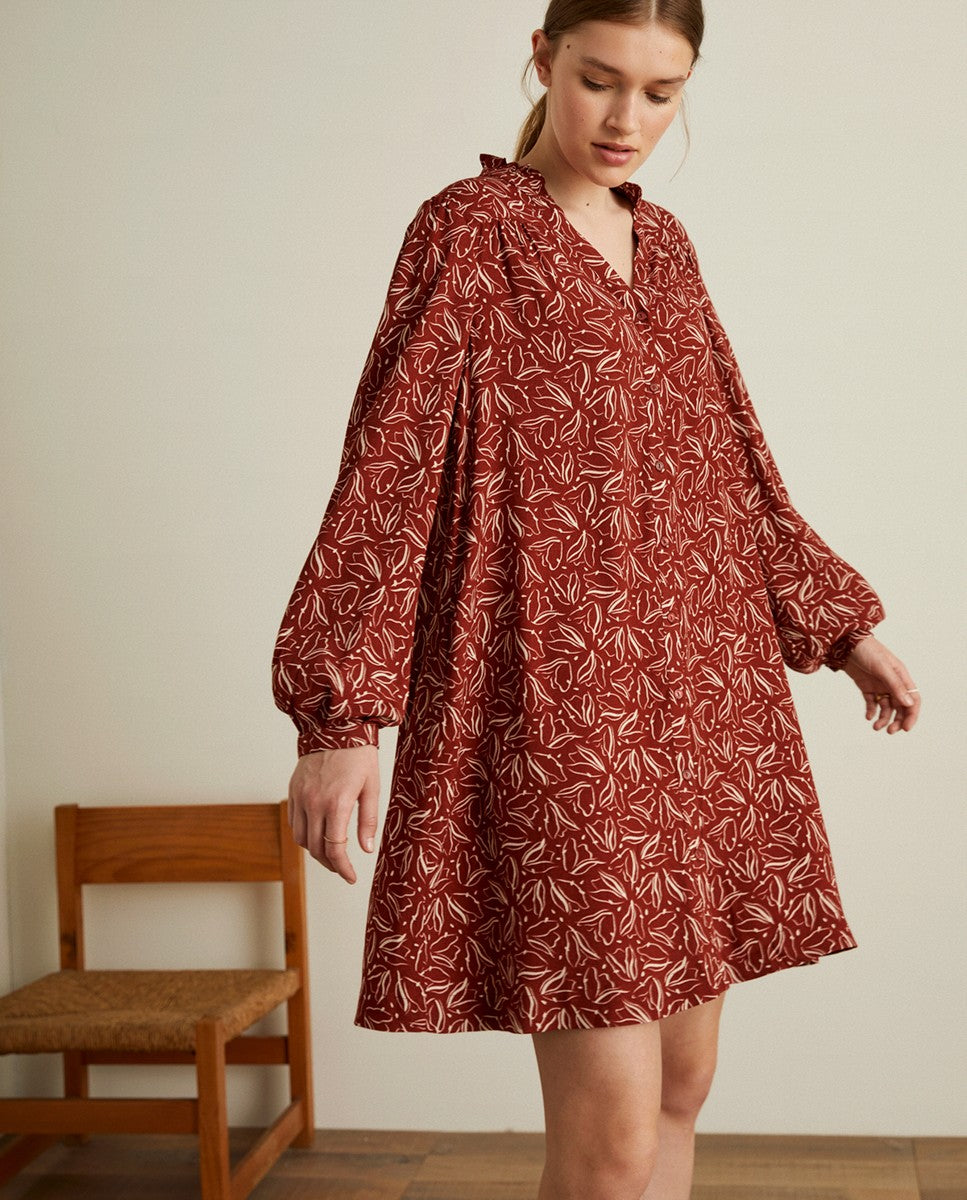 Flowy short floral dress in terracotta by YERSE