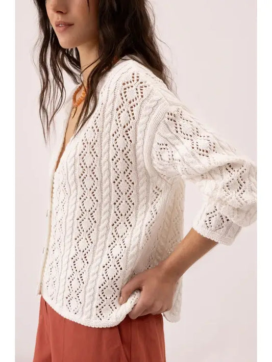 Knit Cotton V-neck Cardigan in White by LANIDOR