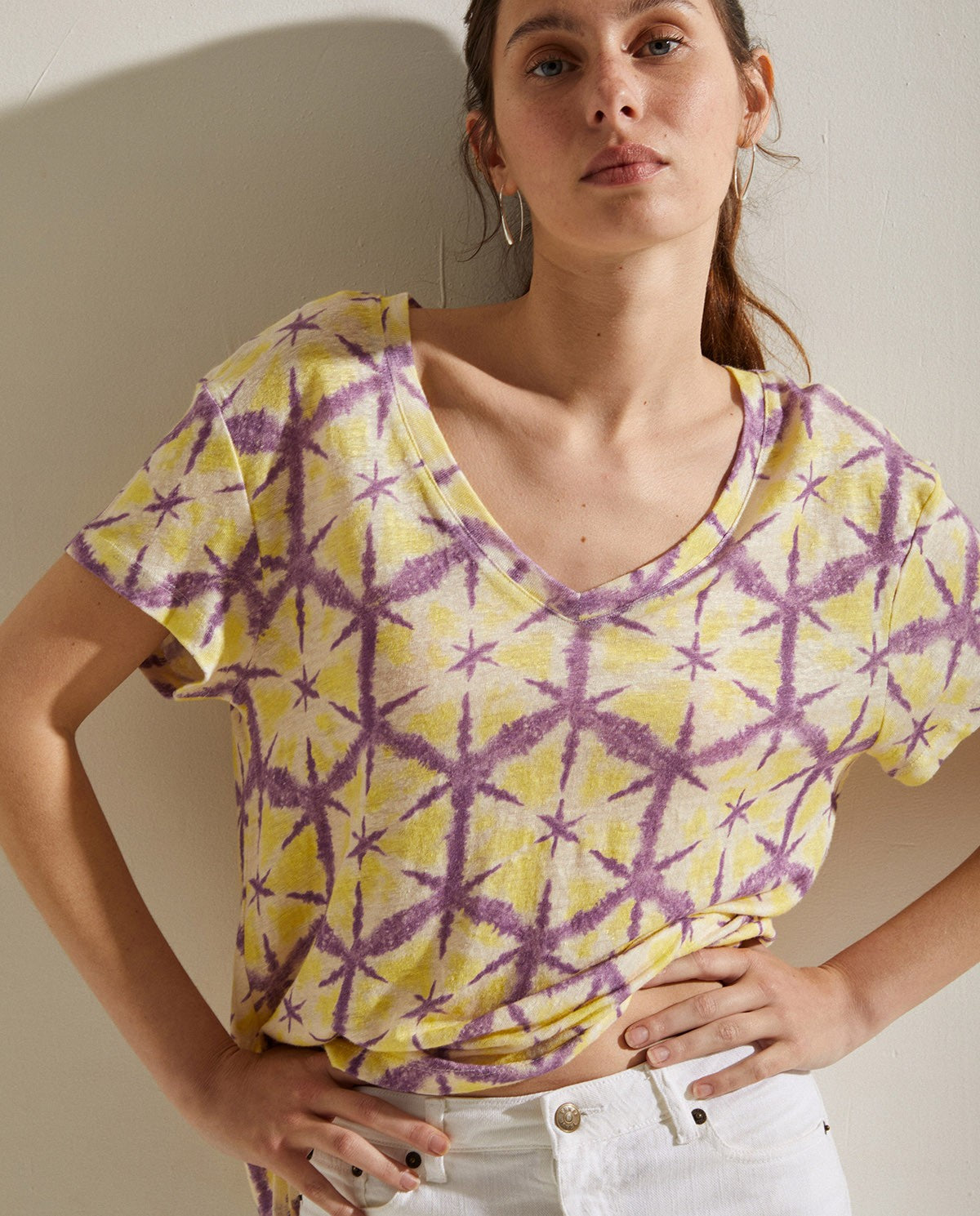 Total linen top in yellow & lilac tie-dye print by YERSE