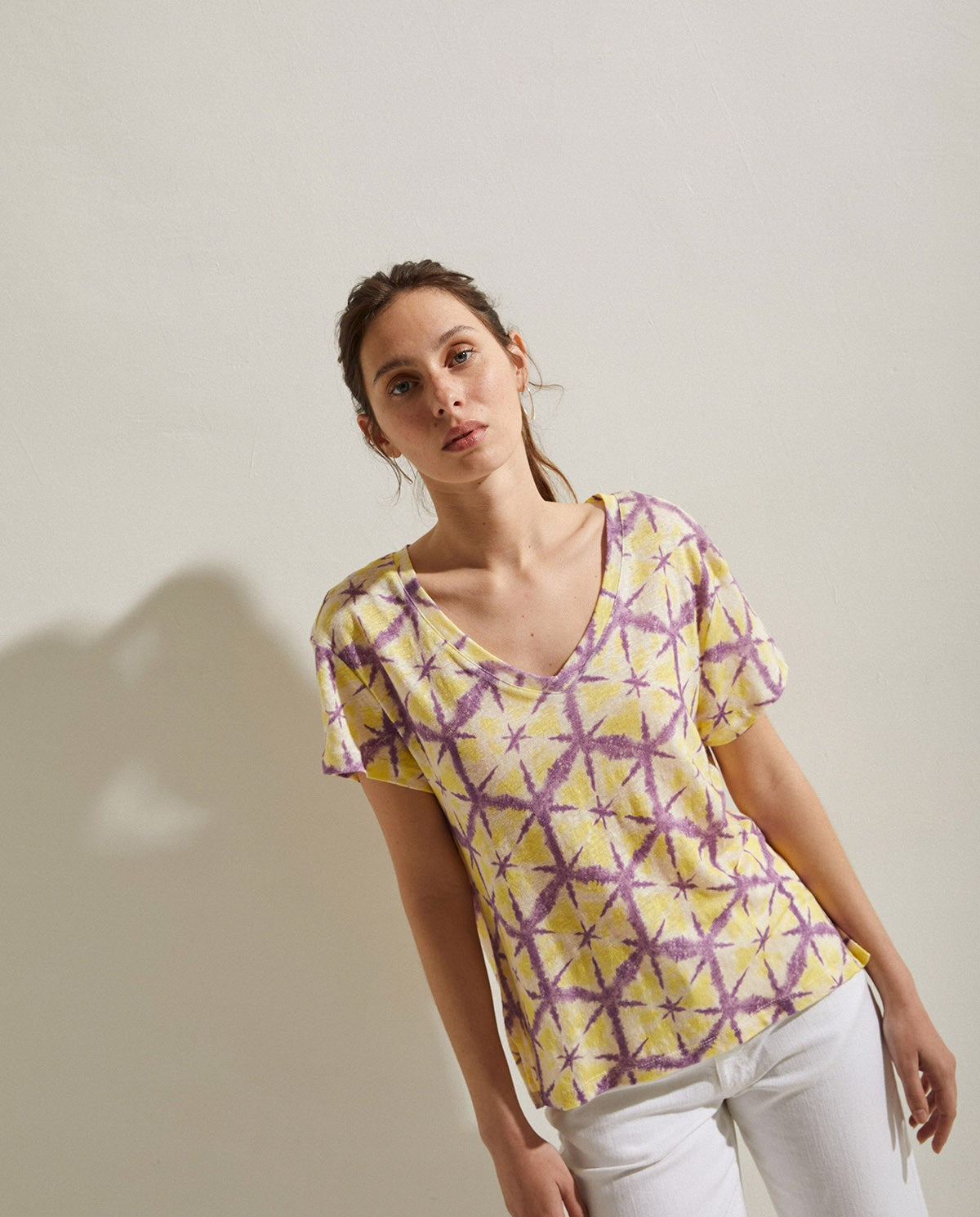 Total linen top in yellow & lilac tie-dye print by YERSE