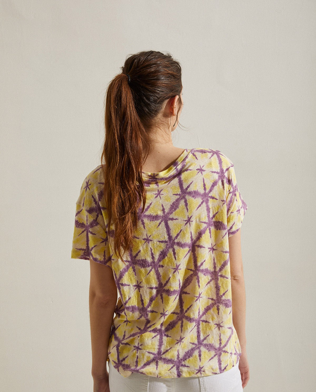 Total linen top in yellow & lilac tie-dye print by YERSE