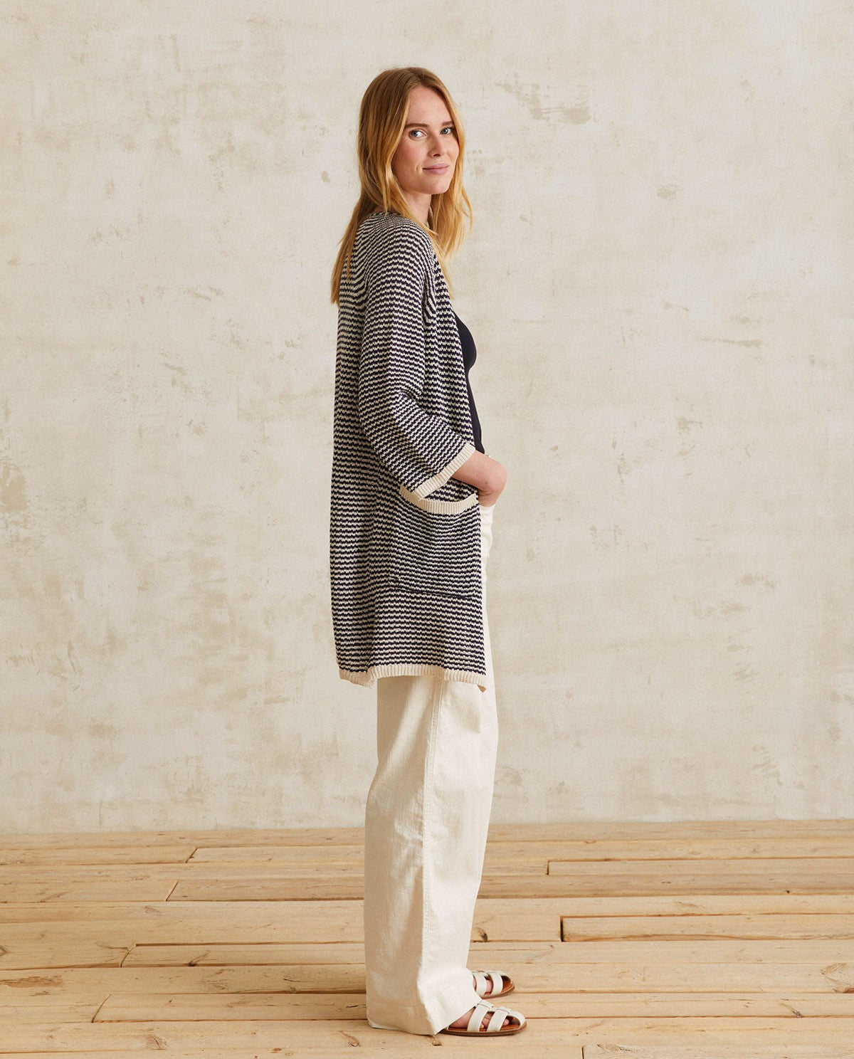 Striped Linen Cardigan ivory-navy by YERSE