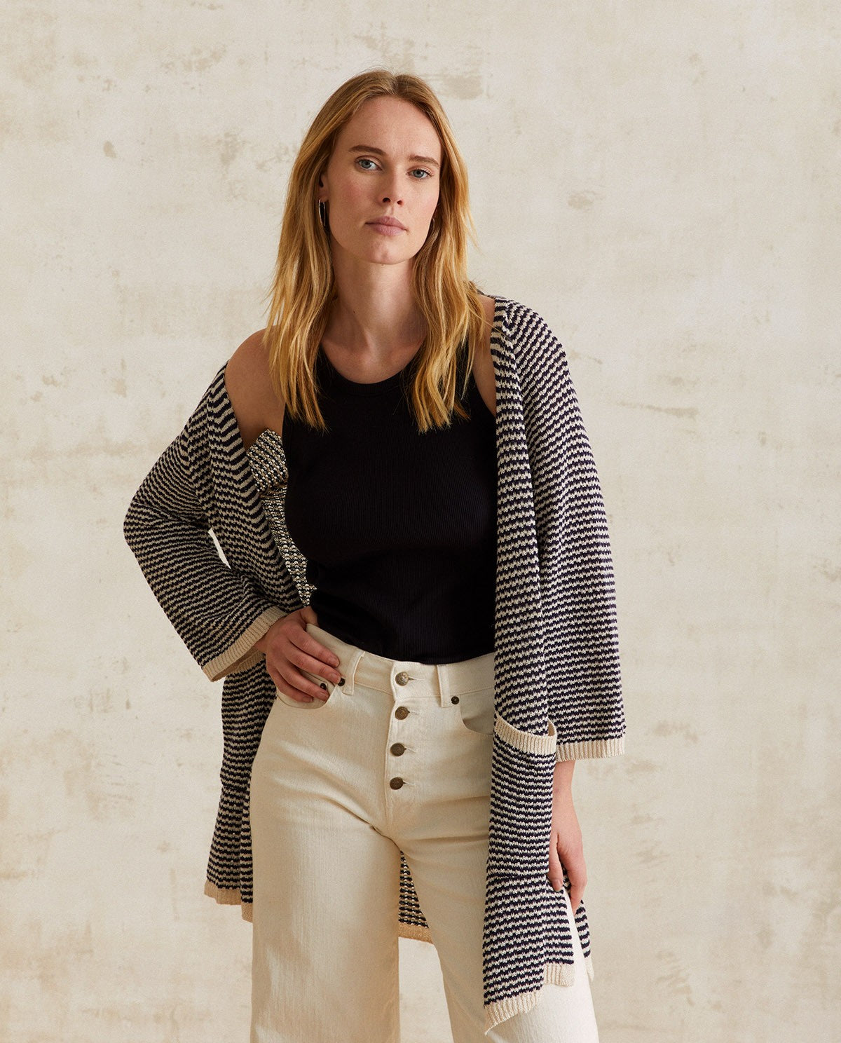 Striped Linen Cardigan ivory-navy by YERSE