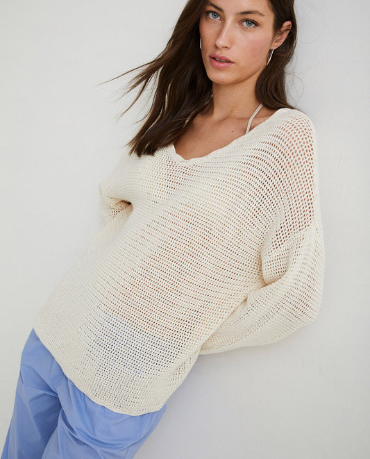 Pointelette cotton sweater in ivory by YERSE