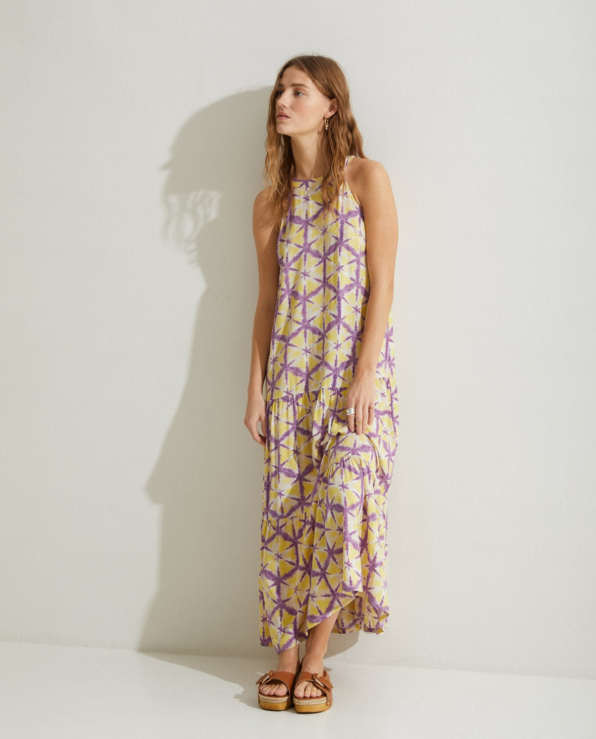 Halter neck tie-dye long dress in Yellow by YERSE