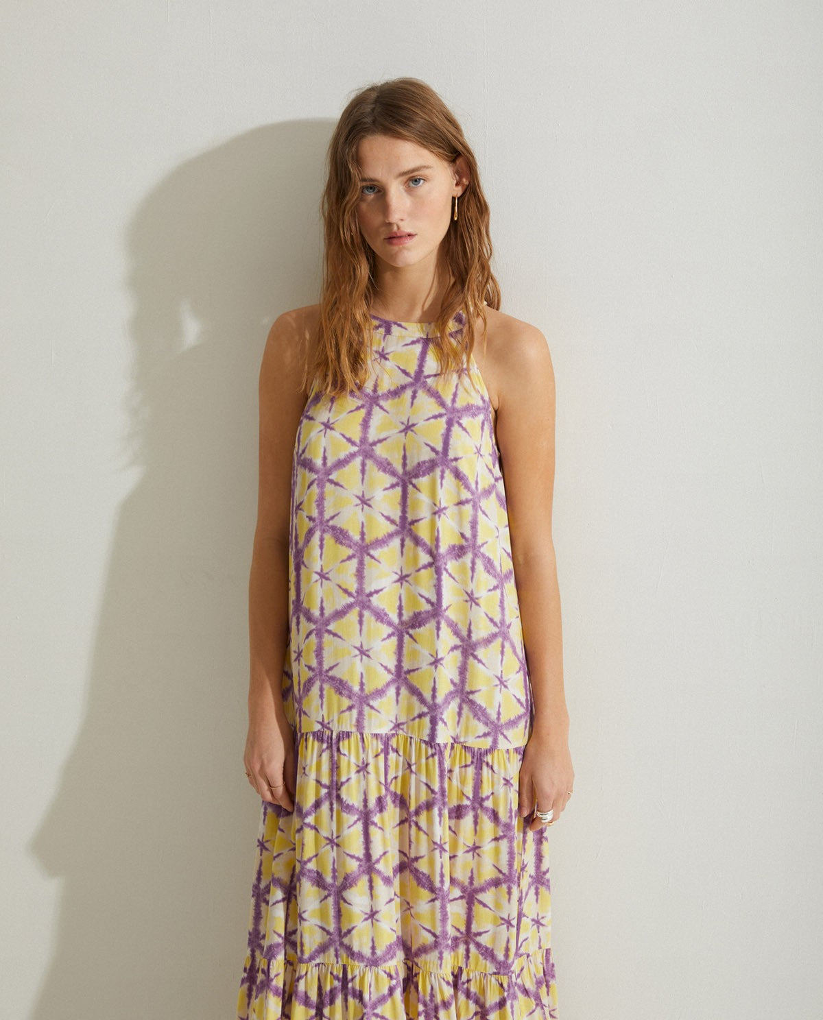 Halter neck tie-dye long dress in Yellow by YERSE