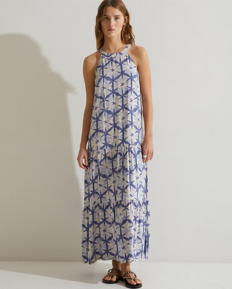 Halter neck tie-dye long dress in Blue by YERSE