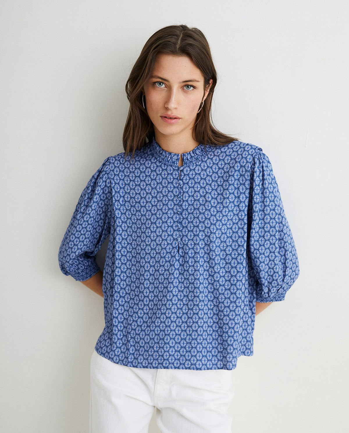 Flowy Blue pattern Shirt With 3/4 sleeve by YERSE