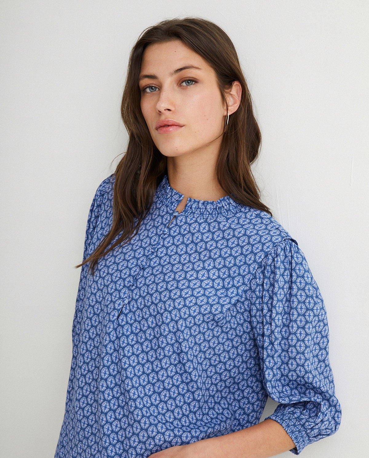 Flowy Blue pattern Shirt With 3/4 sleeve by YERSE