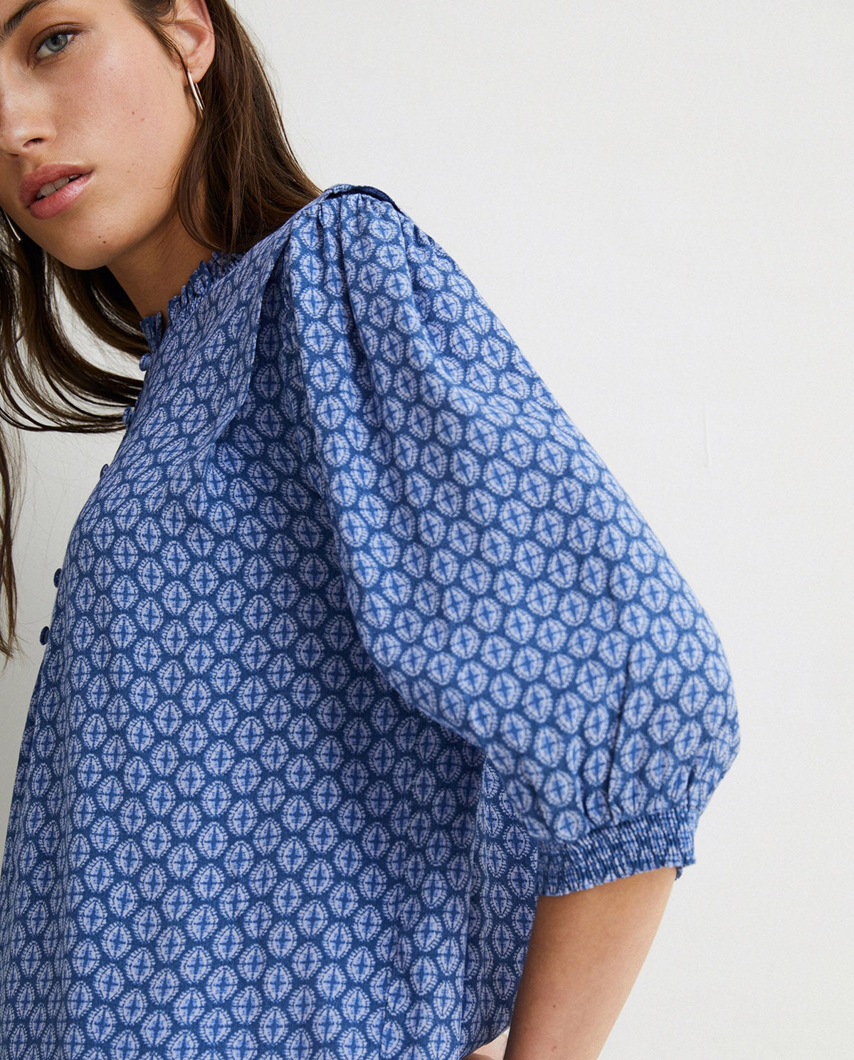 Flowy Blue pattern Shirt With 3/4 sleeve by YERSE