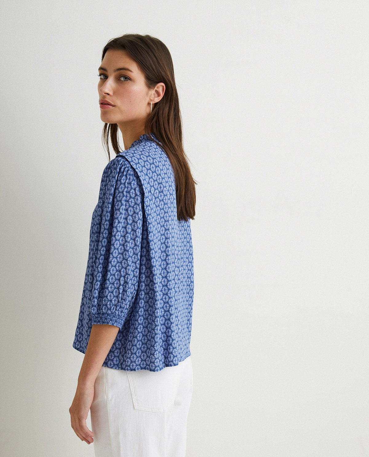 Flowy Blue pattern Shirt With 3/4 sleeve by YERSE