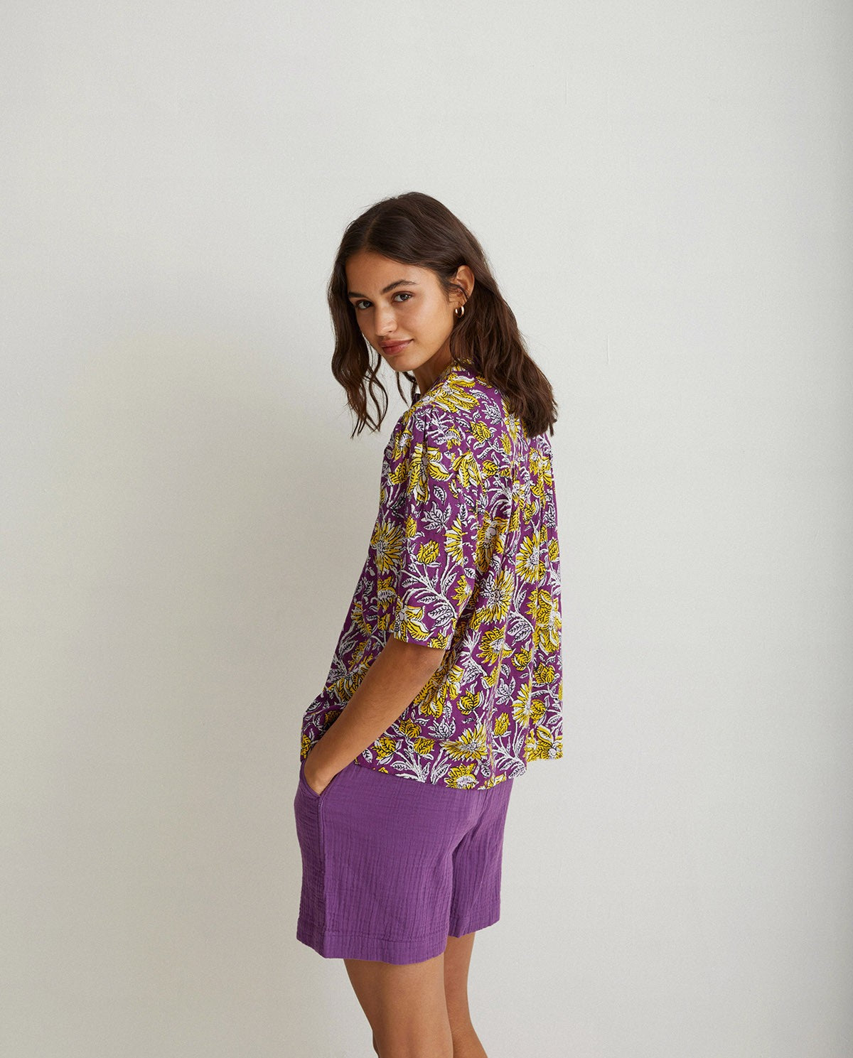 Floral mao-neck in purple & yellow shirt by YERSE