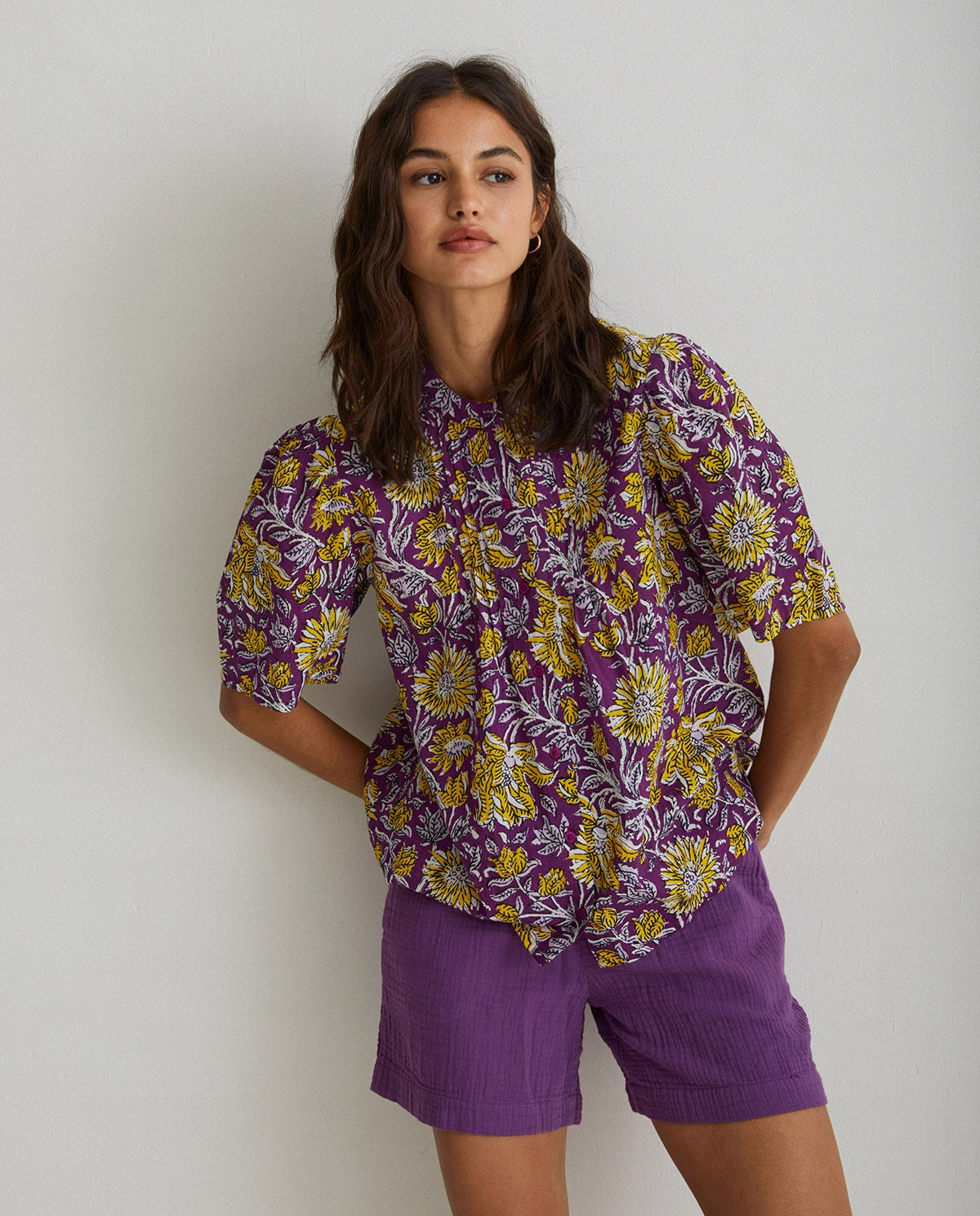 Floral mao-neck in purple & yellow shirt by YERSE