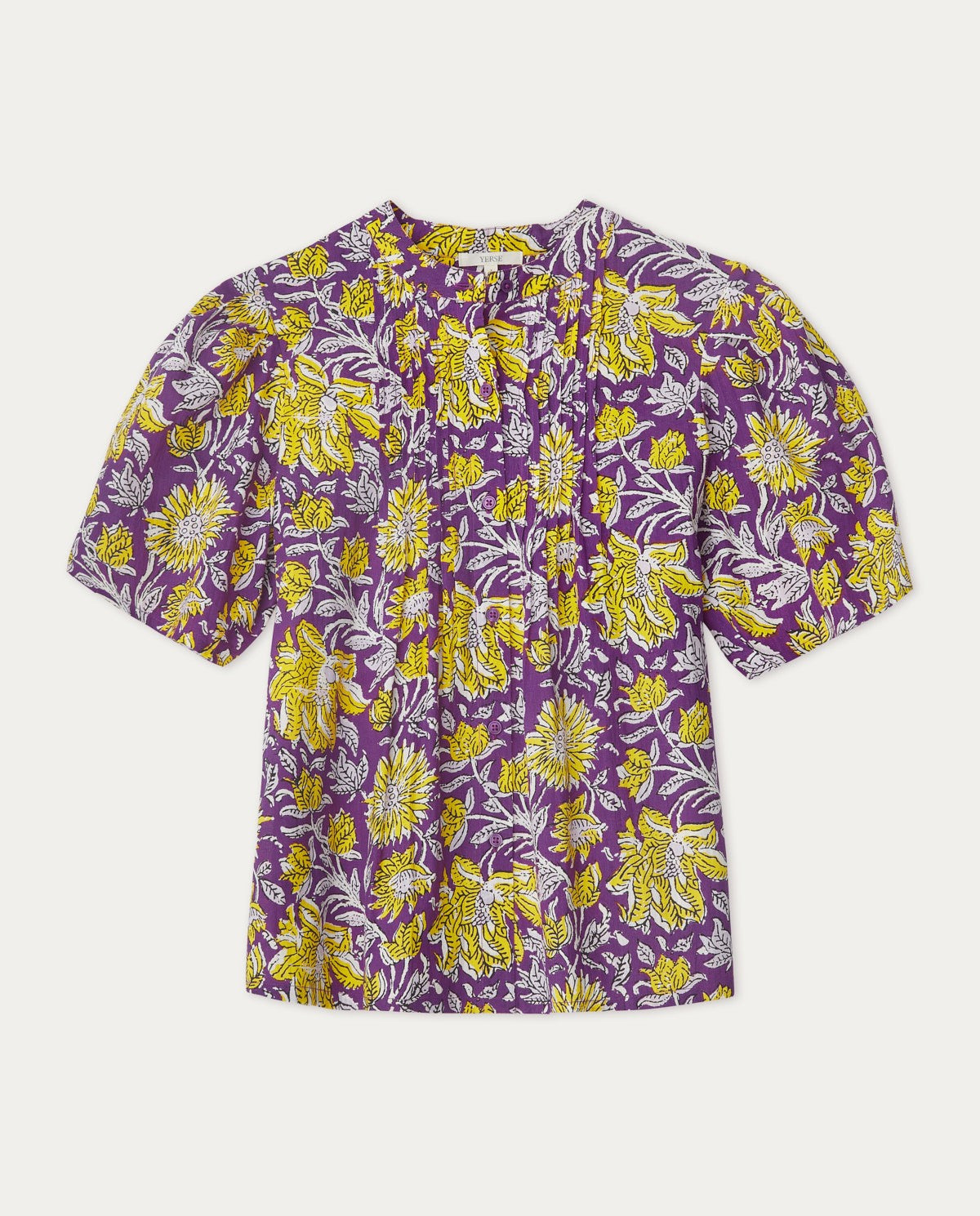 Floral mao-neck in purple & yellow shirt by YERSE