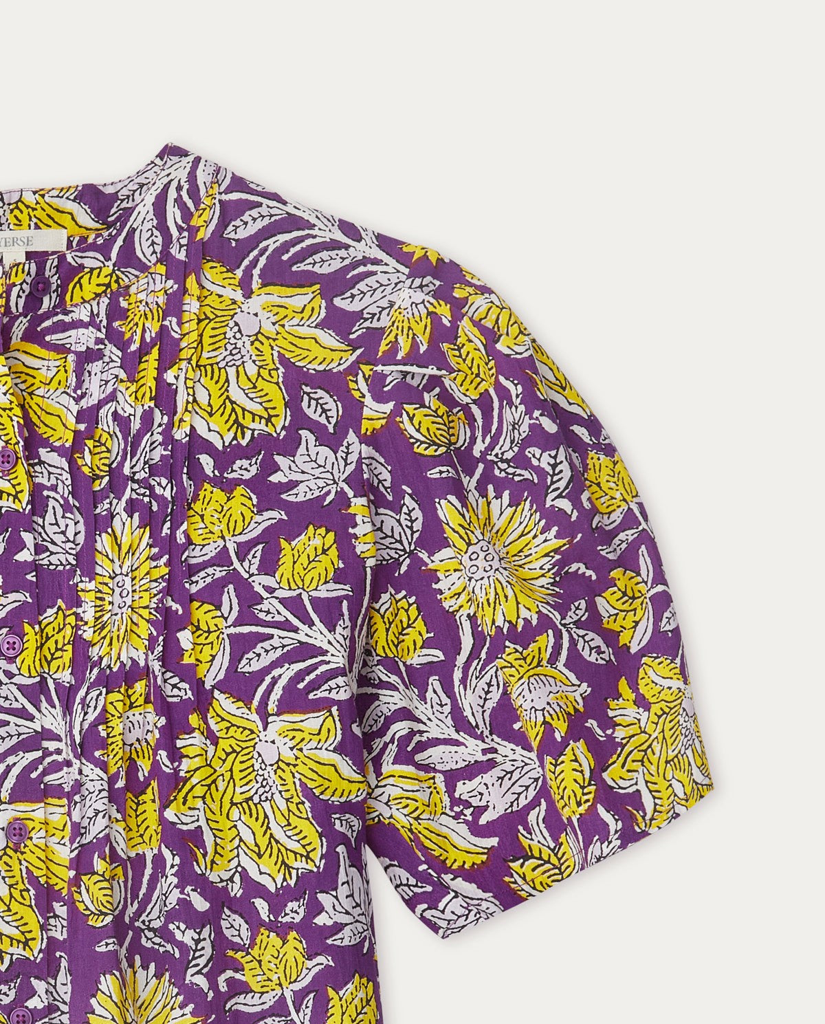 Floral mao-neck in purple & yellow shirt by YERSE