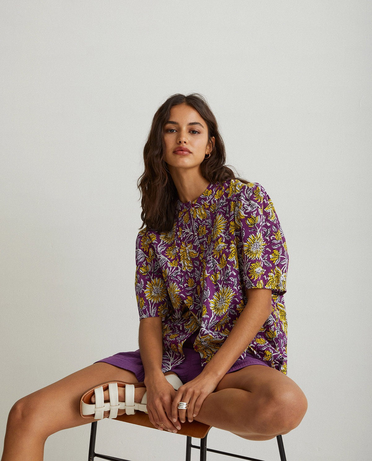 Floral mao-neck in purple & yellow shirt by YERSE