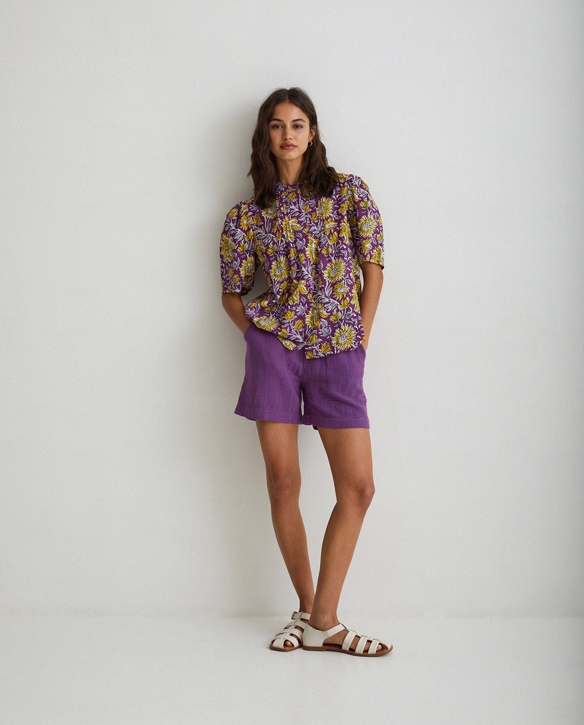 Floral mao-neck in purple & yellow shirt by YERSE