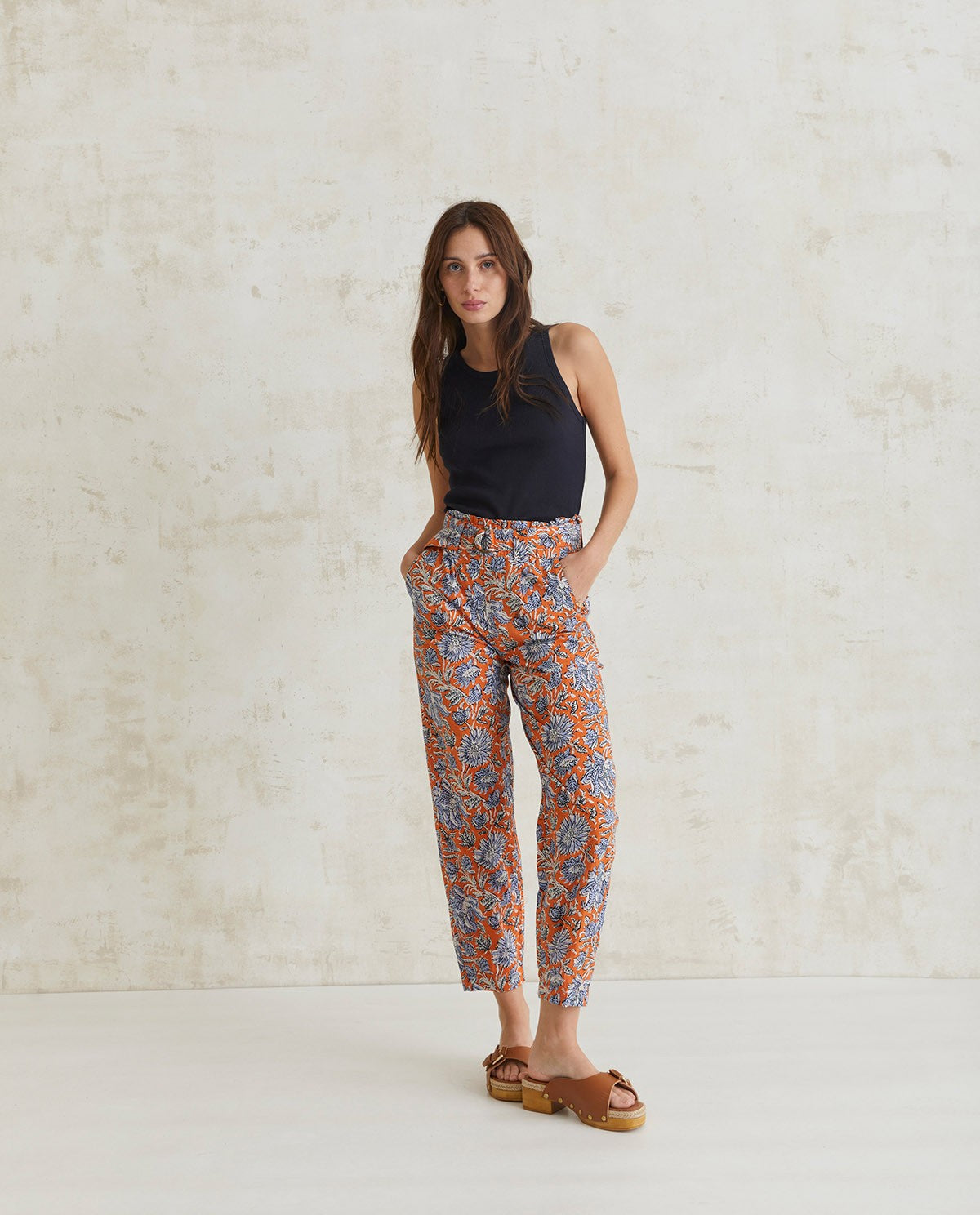 Floral print cotton trousers in orange & sky-blue by YERSE