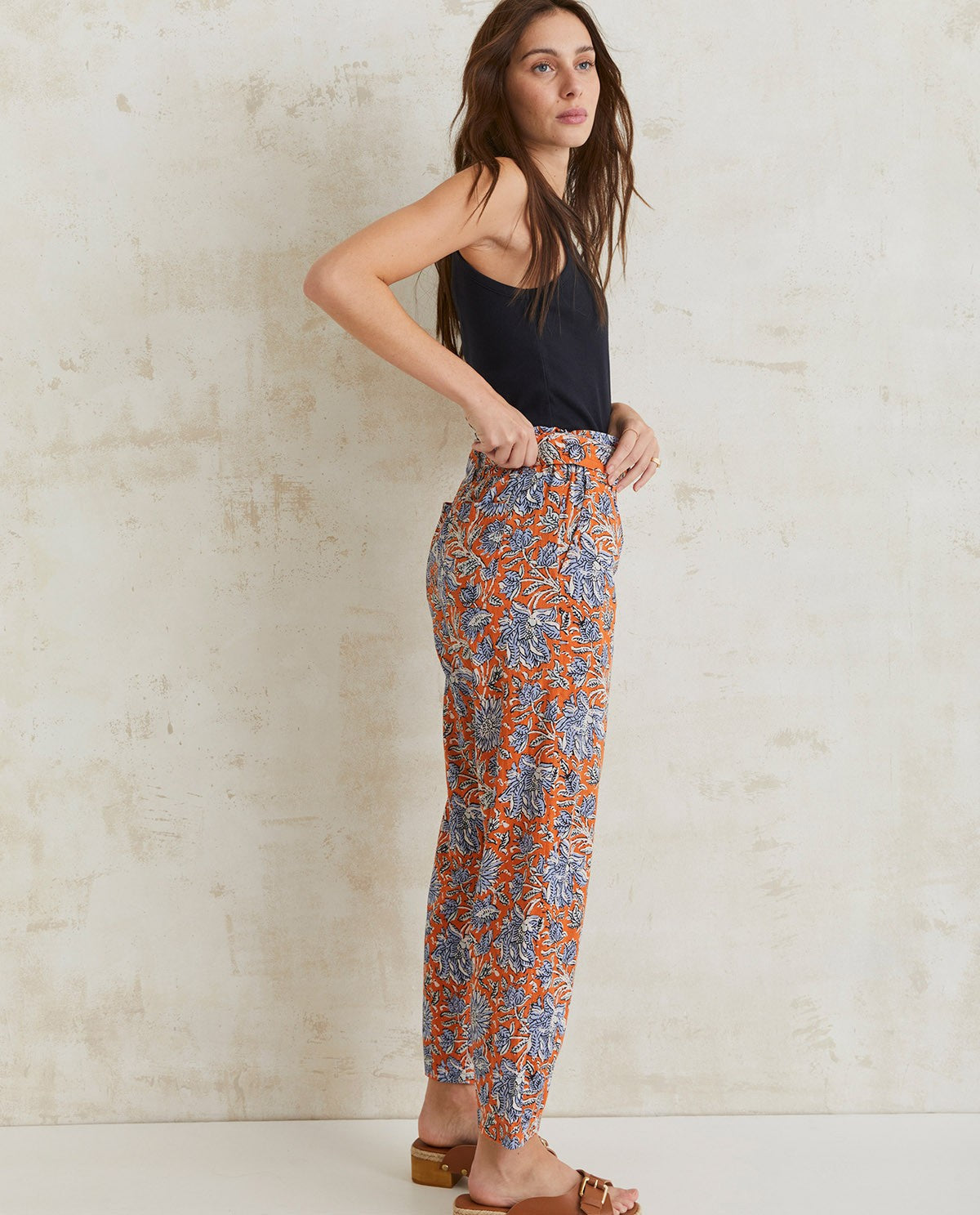 Floral print cotton trousers in orange & sky-blue by YERSE