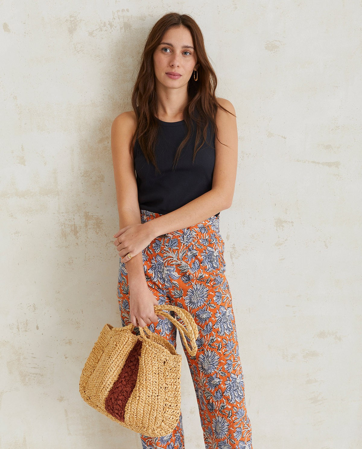 Floral print cotton trousers in orange & sky-blue by YERSE