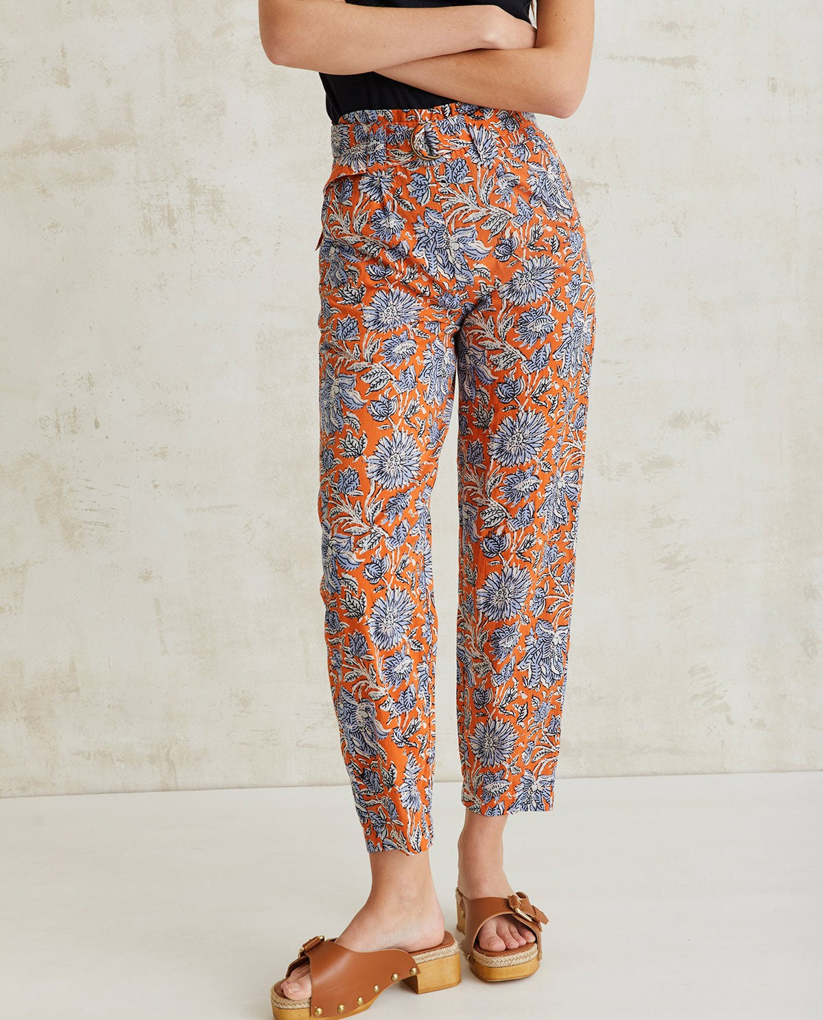 Floral print cotton trousers in orange & sky-blue by YERSE