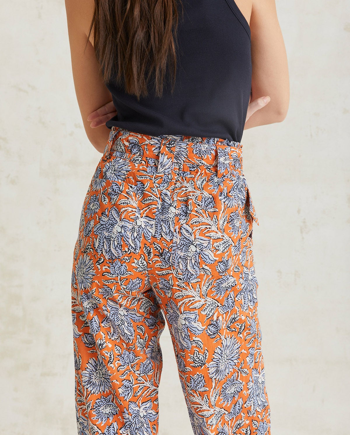 Floral print cotton trousers in orange & sky-blue by YERSE