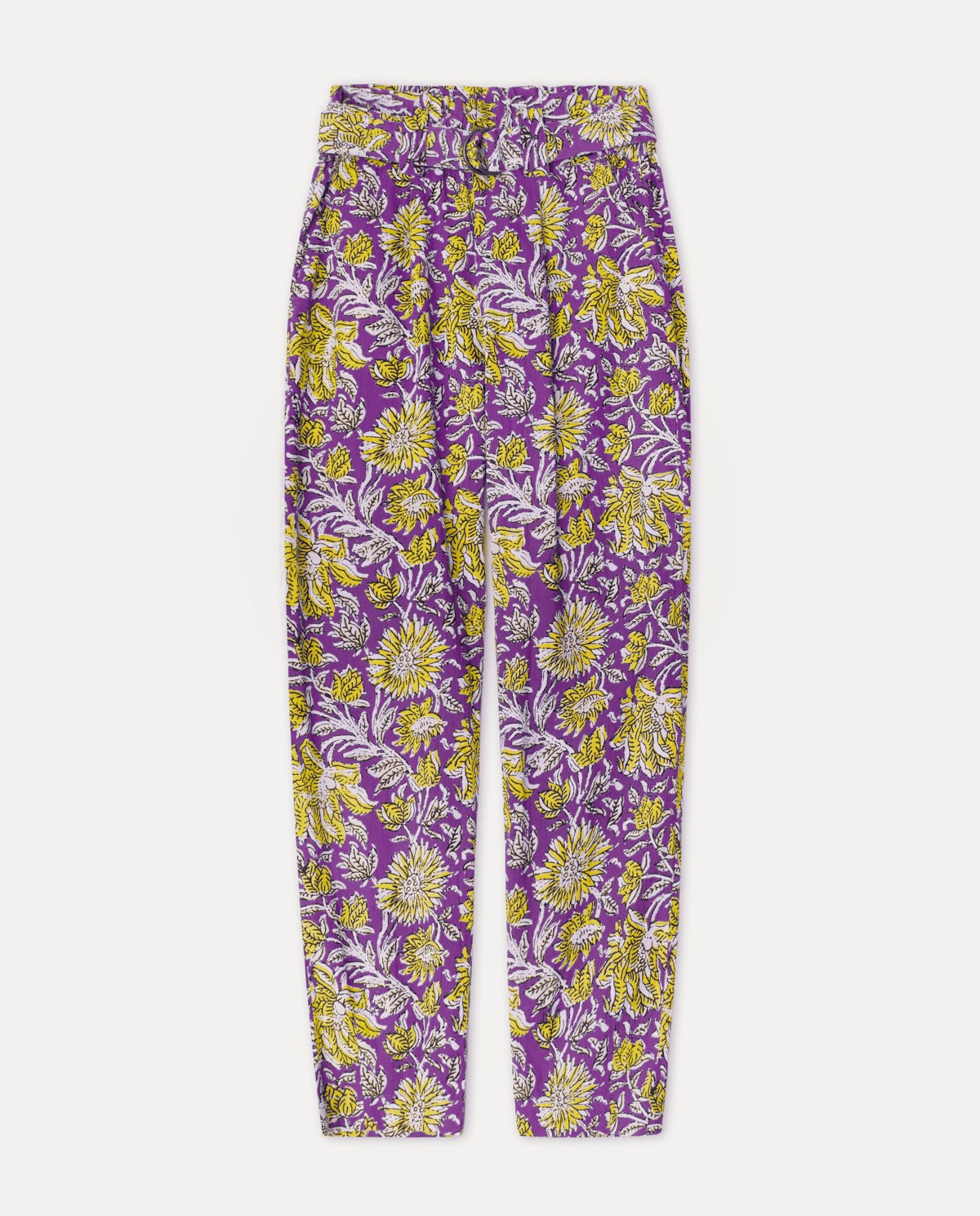 Floral print cotton trousers in purple & yellow by YERSE